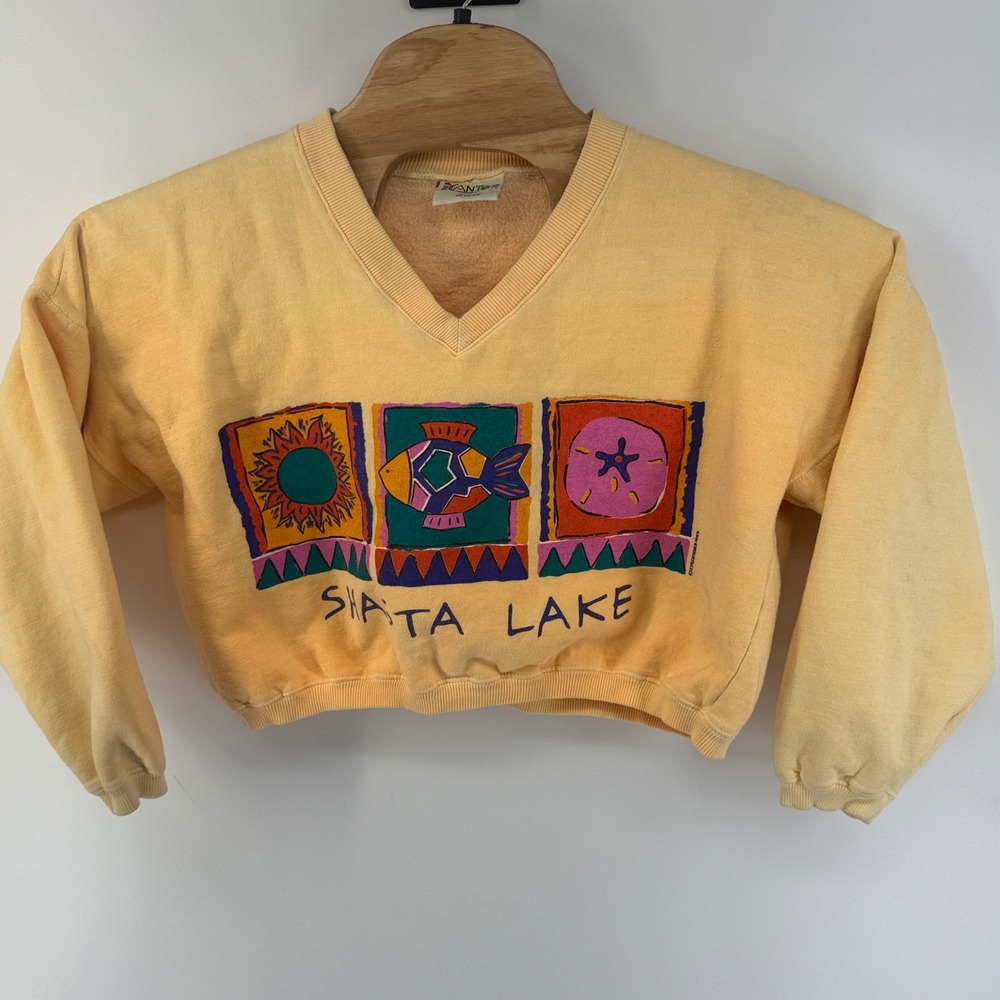 Vintage 90s I Can Too Sport Shasta Lake Yellow Cropped V-Neck Sweatshirt OSFM